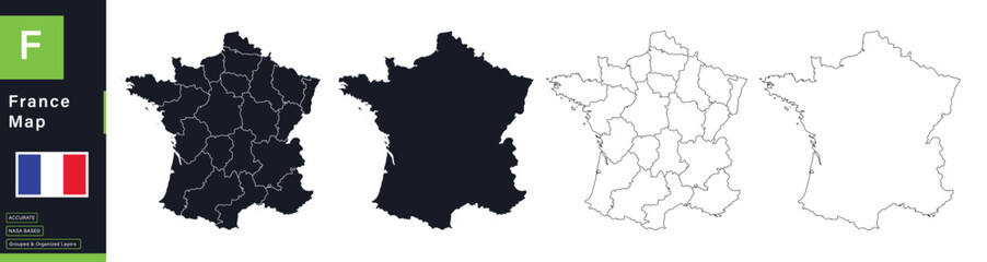 France Political Map Vector Set with Regions