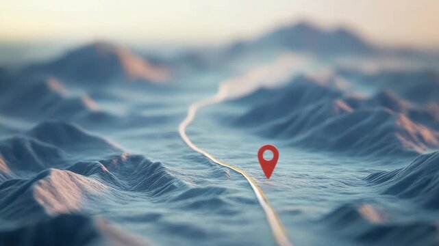 Red location pin on stylized 3D topographic map displaying mountain range and path