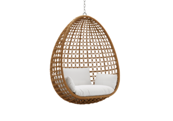 Modern Hanging Wicker Swing Chair with White Cushions on White Background