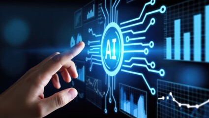 Hand interacts with AI interface, signifying innovation and data