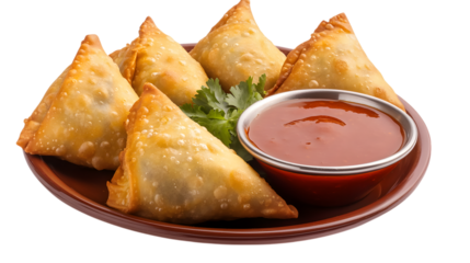 Delicious samosas with chutney, garnished with cilantro on a brown plate, isolated on a white background