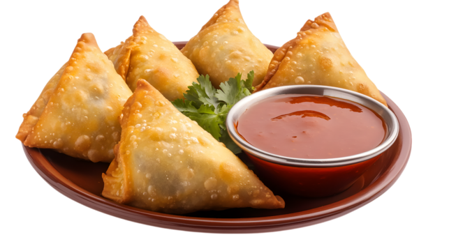 Delicious samosas with chutney, garnished with cilantro on a brown plate, isolated on a white background
