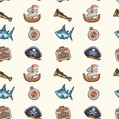 Pirate pattern. Pixel art. Pirate hat, ship, telescope, compass, shark, treasure chest. Gift packaging, textiles, greetings, invitation to a pirate party, toys for boys