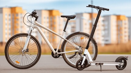 Obraz premium Close-up view of white electric scooters and bicycles parked at a rental stand on a sunny city street with striking sun flare effects