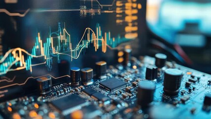 Close-up view of electronic circuit board with financial graph on screen in background - Powered by Adobe