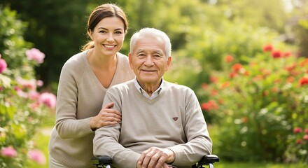 Portrait senior man wheelchair smiling garden caregiver beside soft natural light elder care healthcare family support generative ai