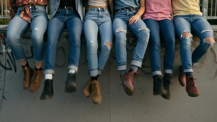 Group of young adults sitting on a ledge in a skate park, wearing casual jeans and boots - Powered by Adobe