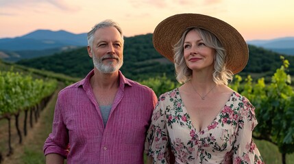 Middle aged couple enjoys a romantic stroll through lush vineyard at sunset
