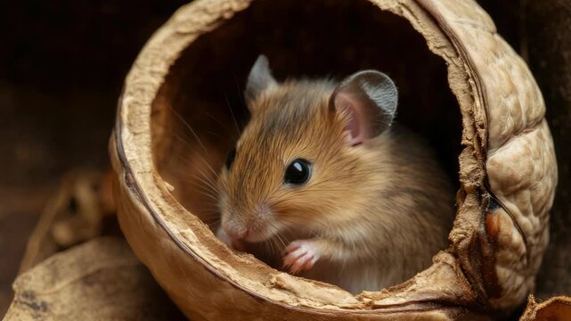 Small mouse nestled inside nutshell surrounded by dried leaves