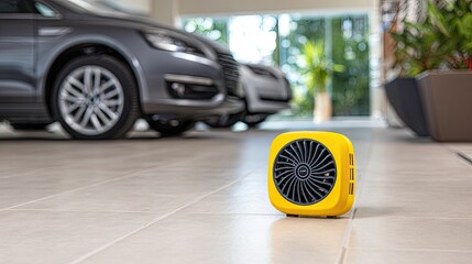 Small electric heating fan sits on white tile floor in a garage next to gray cars on a bright day creating a warm atmosphere for cars
