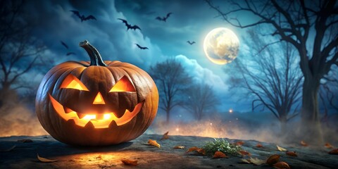 Fototapeta premium A carved jack o lantern glows eerily under a full moon on halloween night