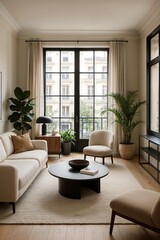Industrial-style living room with black grid windows and fiddle leaf fig plant.