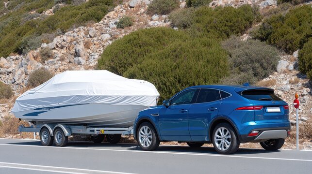 A boat is being towed on a trailer behind an SUV along a highway on a sunny summer day, showcasing clear skies and bright clouds in the background.