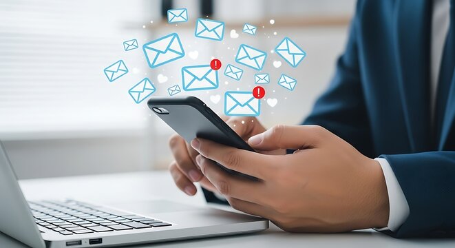 Businessman receives multiple email notifications on his smartphone while working at his desk