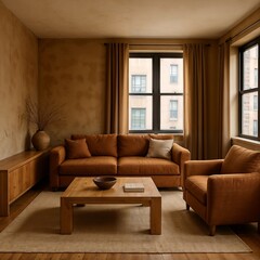 Fototapeta premium Cozy rustic-modern living room with leather furniture and wooden beam ceiling.