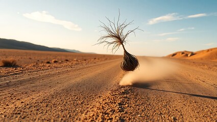 A tumbleweed rolling across a sandy desert road under a clear blue sky on a sunny day with hills