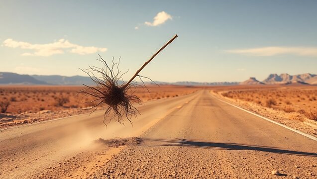 Tumbleweed rolling across a desert highway under a blue sky with distant mountains and sparse clouds