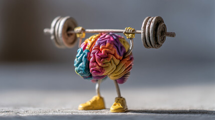 A colorful brain lifting weights with arms and wearing yellow shoes