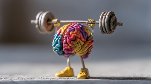 A colorful brain lifting weights with arms and wearing yellow shoes