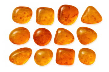 Twelve amber stones of various shapes are displayed on a transparent background, showcasing their warm hues and natural imperfections