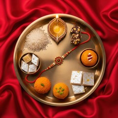 Traditional Raksha Bandhan Thali on Red Silk Background – Top View Photo