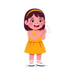 A happy young girl with brown hair and a yellow dress is clapping her hands and smiling.