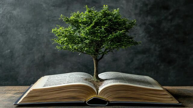 Open book with tree growing out of its pages, symbolizing knowledge and growth