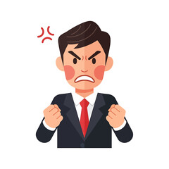 Cartoon illustration of an angry businessman clenching his fists with a furious expression and red anger symbols above his head.