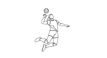 Volleyball player in Action: A single, fluid line art illustration captures a volleyball player mid-air, poised to spike, conveying the dynamism and skill of the sport.