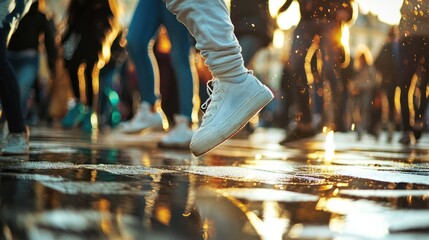 A person's legs in white sneakers, walking on a wet sidewalk with reflections of lights and people in the background.