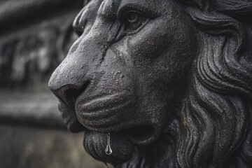 Fototapeta premium Close-up of a weathered lion's head, dripping water
