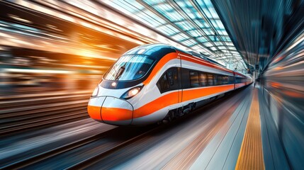 Fototapeta premium A high-speed train traveling through a modern, glass-roofed station with a futuristic design.