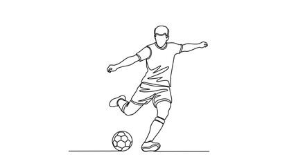 Soccer Player Kicking the Ball: Dynamic line art captures a soccer player in mid-kick, executing a precise, powerful movement as the ball heads towards the goal.