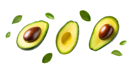 Fresh Avocado Halves With Seed And Green Leaves On White Background