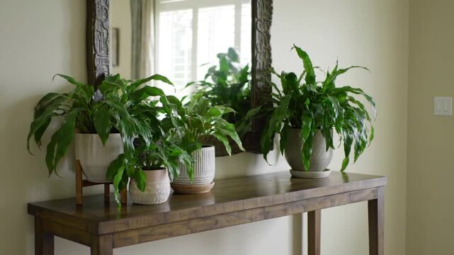 Houseplants on a console table beside mirror in an entry hall.
