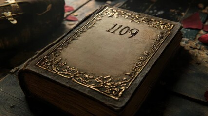 Antique book with ornate golden cover, placed on wooden table - Powered by Adobe