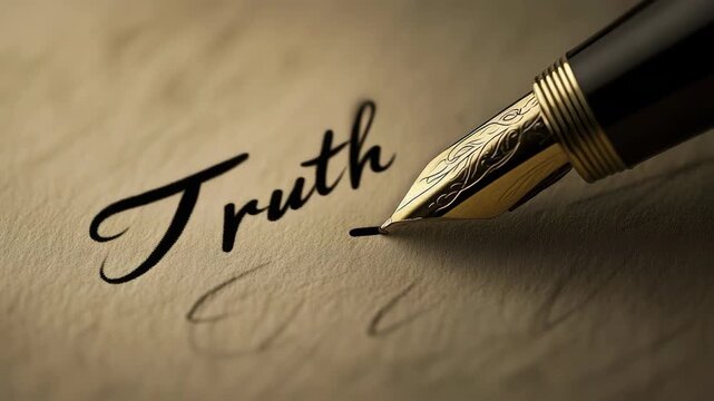 Close-up of elegant fountain pen writing word "Truth" on paper