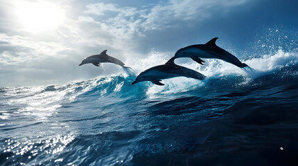 Fototapeta premium A pod of dolphins leaping over crystal-clear ocean waves.