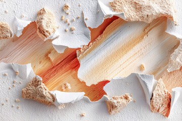 Cracked white surface exposing textured orange underlayer, presenting fragmented, contrasting visual texture