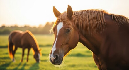 Fototapeta premium Two Chestnut Horses Grazing in a Sunny Meadow at Golden Hour