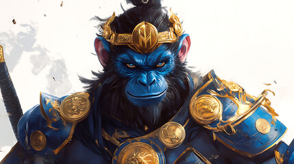 Zodiac monkey god in vibrant sapphire armor with ancient monkey rune, word Monkey displayed boldly above character, white backdrop 