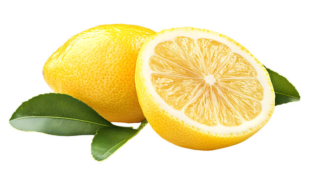 Fresh Lemons Isolated With Green Leaves Representing Citrus Fruit And Vitamin C Source