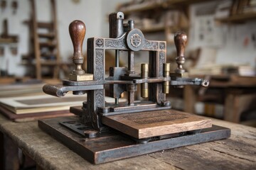 Fototapeta premium Antique printing press on wooden workbench