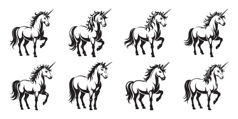 Fototapeta premium Unicorn vector silhouette set, Bold outline unicorn drawing vector, Various poses unicorn vector