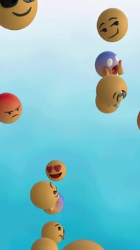 Digital animation of multiple face emojis floating against blue gradient background