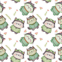 seamless watercolor pattern cat halloween concept on white background