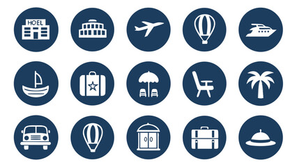 Fototapeta premium Collection of travel and vacation icons in oval shapes on a dark blue background
