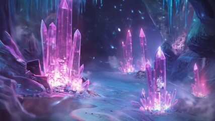 Enchanted underground crystal cave with glowing purple and blue gemstones creating magical luminescent environment in rocky cavern - Powered by Adobe