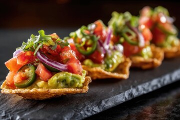Delicious appetizer of crispy tortilla chips topped with a vibrant salsa, avocado, and red onion.