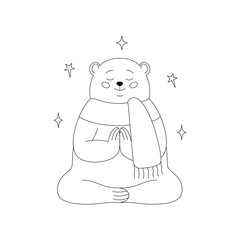 A cute, minimalist black and white doodle of a bear meditating in a scarf with stars.
